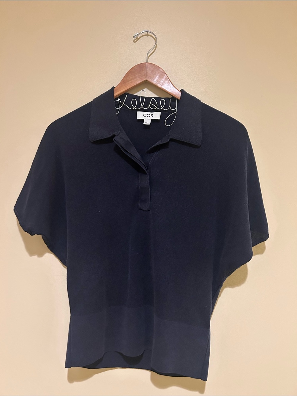 COS Navy Knitted Short Sleeve Batwing Polo Top Size M EUC